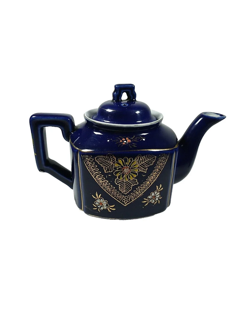 Vintage Cobalt Blue Teapot Tea Pot Flowers Gold Trim TA Made Japan Kitchen Decor